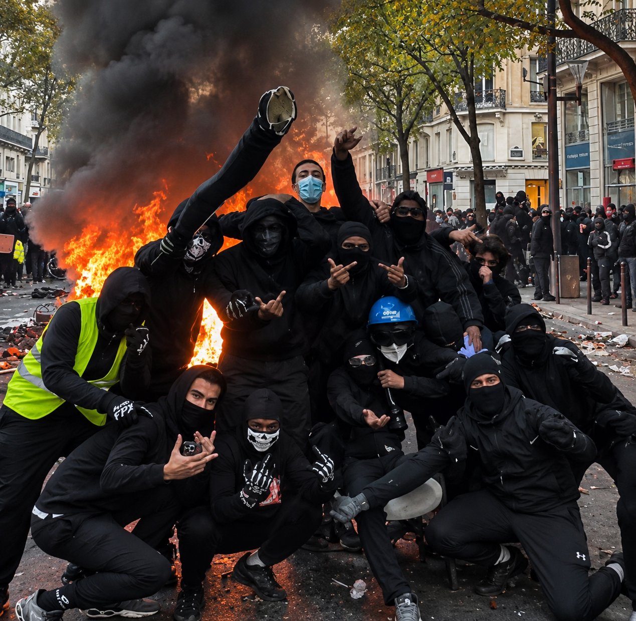 Grupo de encapuchados posando ante una barricada en llamas